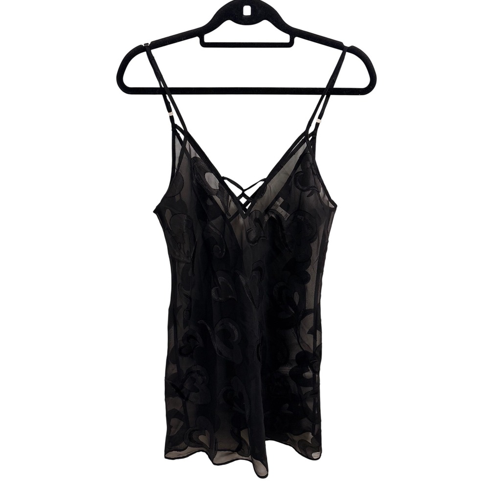 Morgan Taylor Intimates Black Sheer‎ Heart Burnout Chemise Nightgown Womens M
